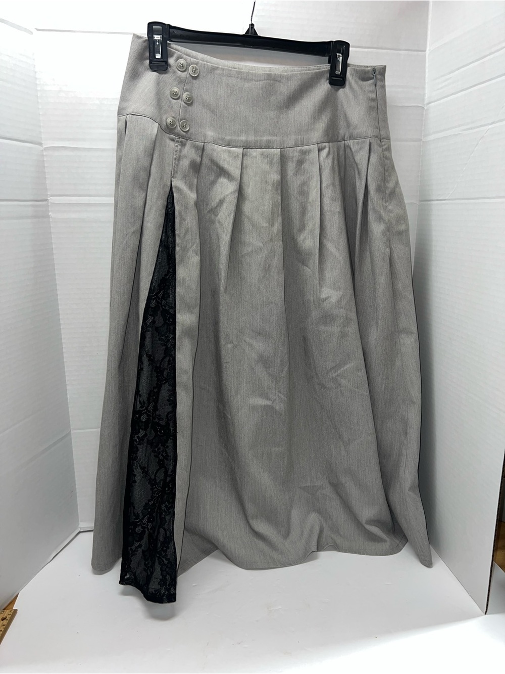 Daisy Street Pleated Gray Women’s Skirt with Black Lace Inset